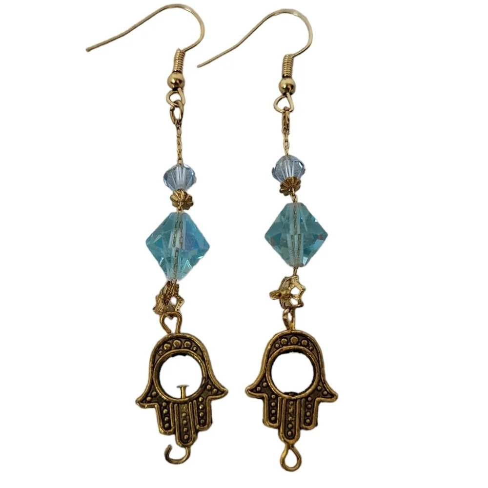 Hamsa Hand Blue Glass Disco Dangle Earrings